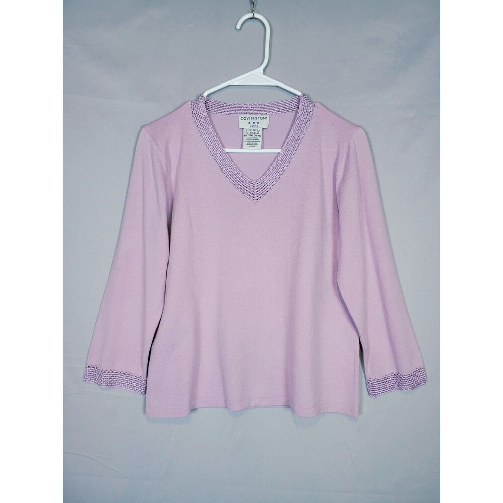Covington Petite Large Lavender Silk Blend V-Neck Knit Top Textured Trim